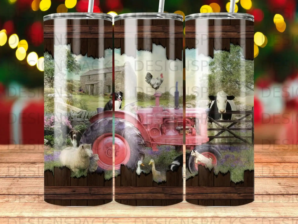 Red tractor with farm animals and wood grain texture.