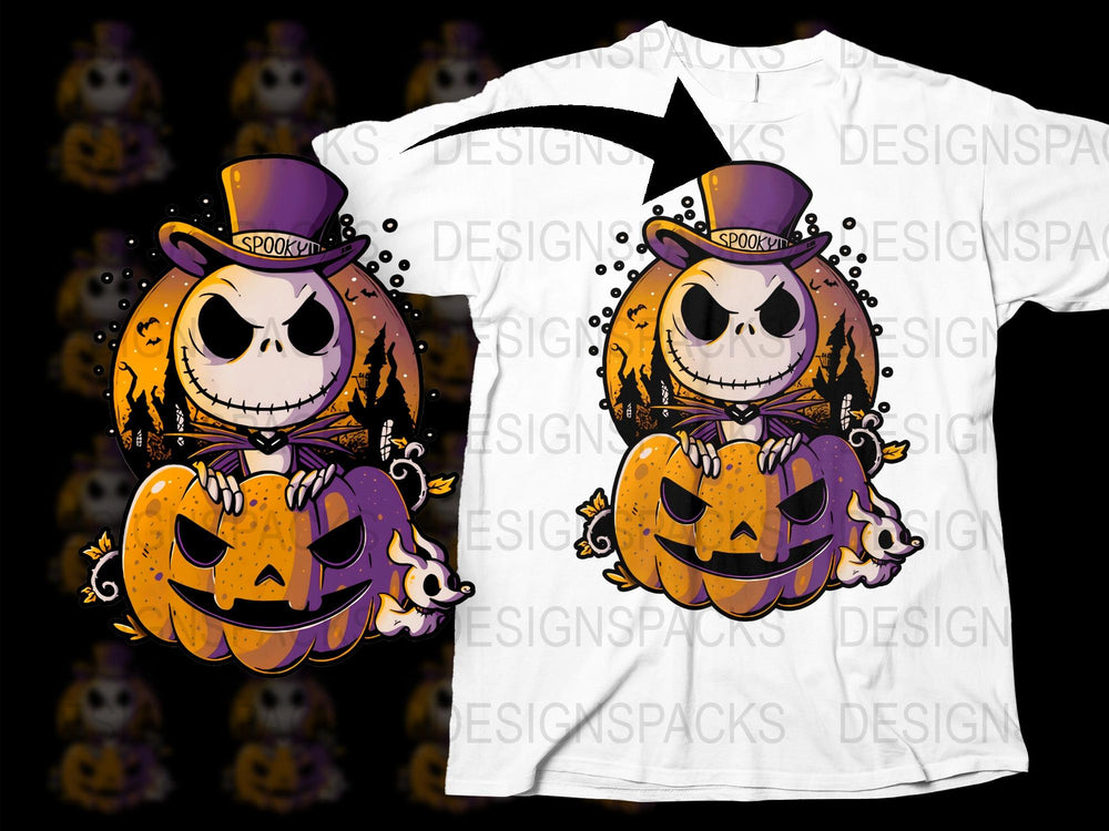 Halloween T-Shirt with Cartoon Pumpkin and Skeleton Design, Spooky Graphic Tee, Unisex