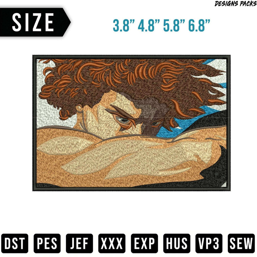 Embroidered patch of a muscular man with brown hair, displaying sizes and file formats.