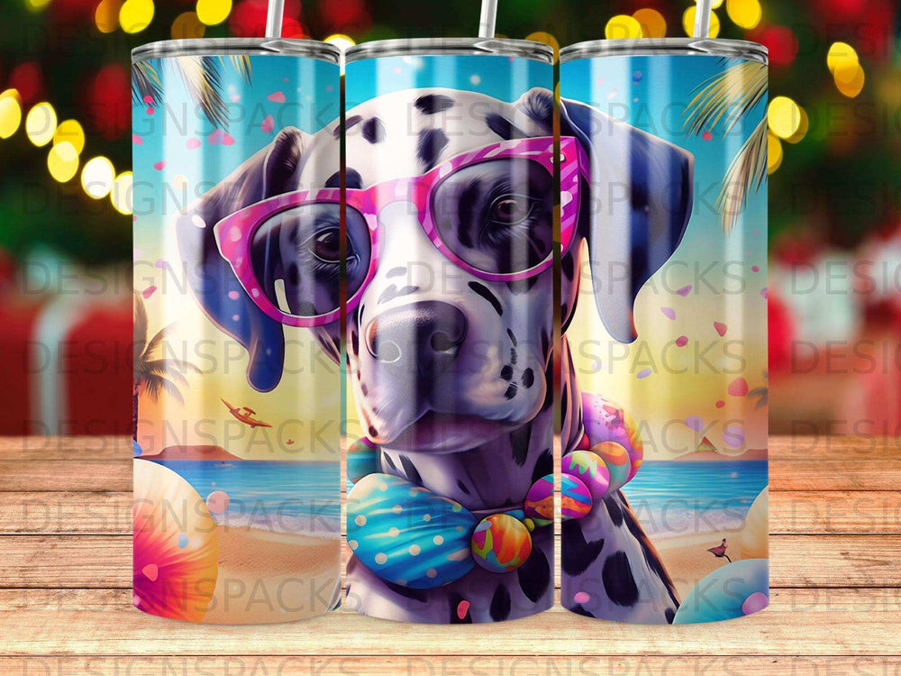 Dalmatian wearing sunglasses and a colorful lei on a beach.