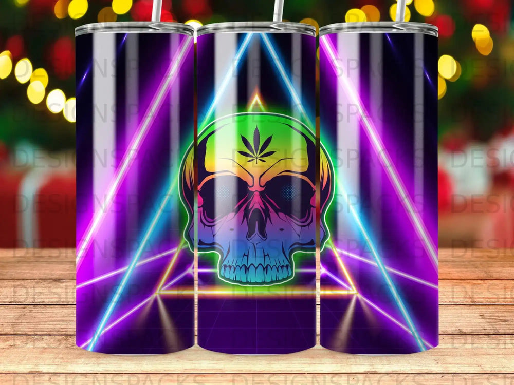 Neon skull with cannabis leaf pattern inside, set against geometric background.