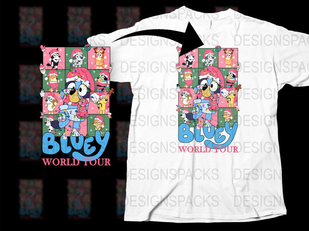 Bluey World Tour T-Shirt, Cartoon Family Concert Graphic Tee, Kids and Adults Clothing