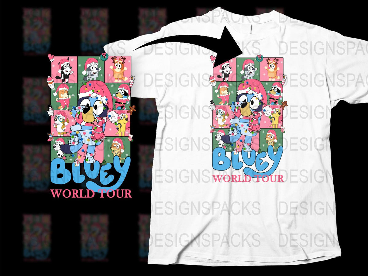 Bluey World Tour T-Shirt, Cartoon Family Concert Graphic Tee, Kids and Adults Clothing