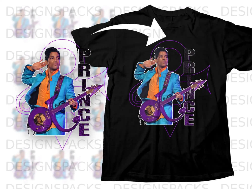 Black t-shirt with Prince in purple suit playing guitar, "PRINCE" text.