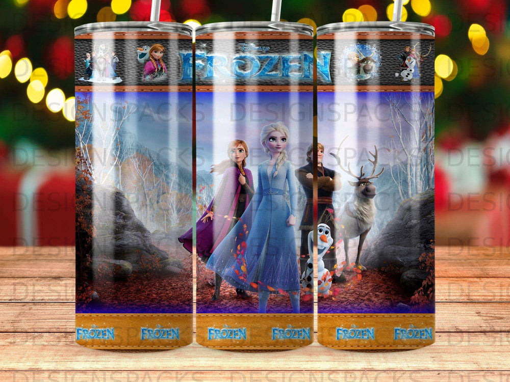 Frozen characters Elsa, Anna, and Olaf with Sven the reindeer in a forest.