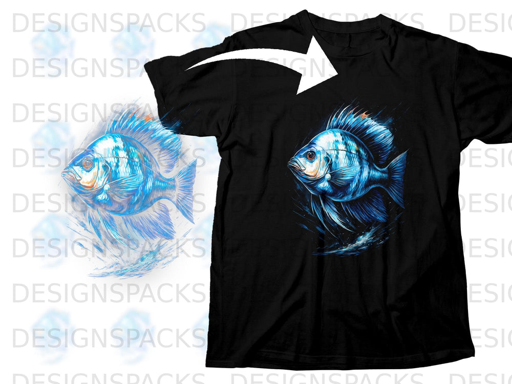 Black t-shirt with a blue watercolor fish graphic and a white arrow overlay.