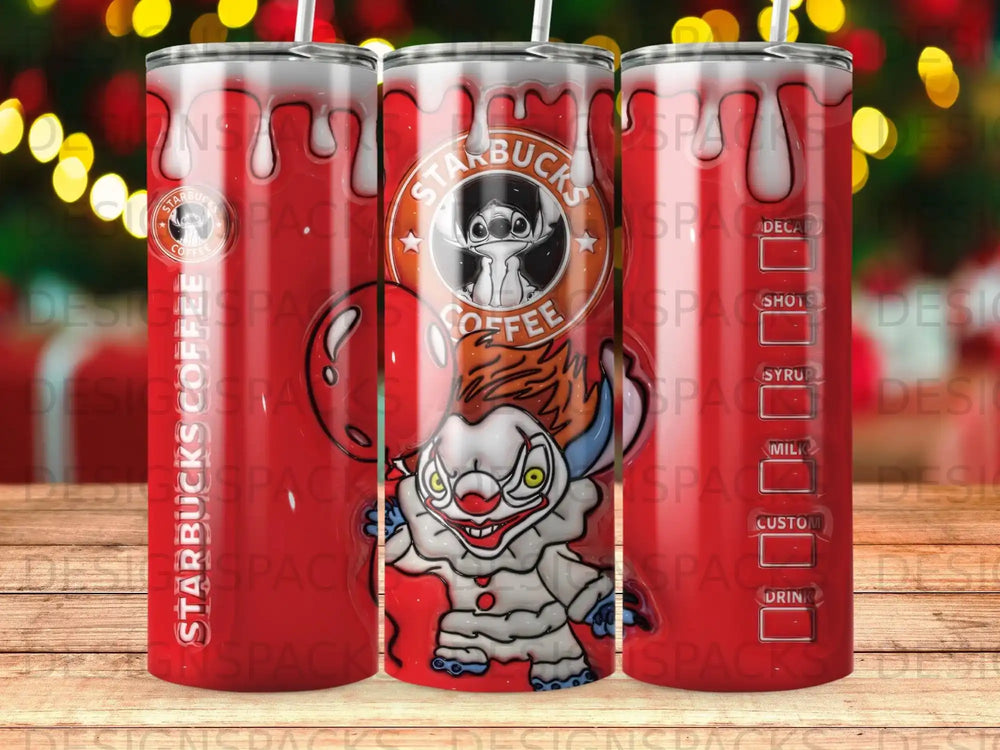 Starbucks tumbler featuring a clown character and Starbucks branding.