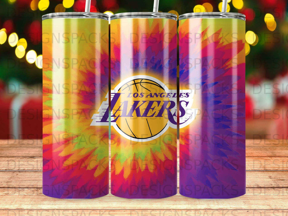 Los Angeles Lakers tumbler with team logo and colorful gradient design.