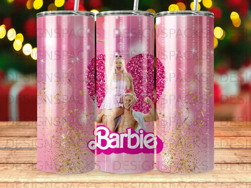 Barbie logo on a pink glitter tumbler with a smiling couple.
