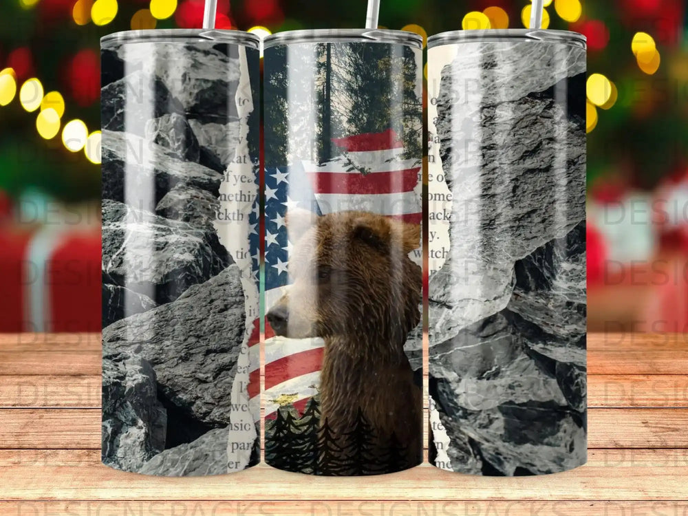 Bear with American flag background on a patterned tumbler.