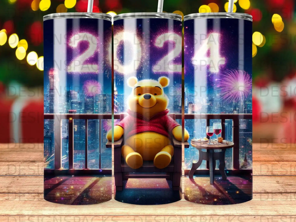 Winnie the Pooh sits on a chair with a cityscape and fireworks behind him.