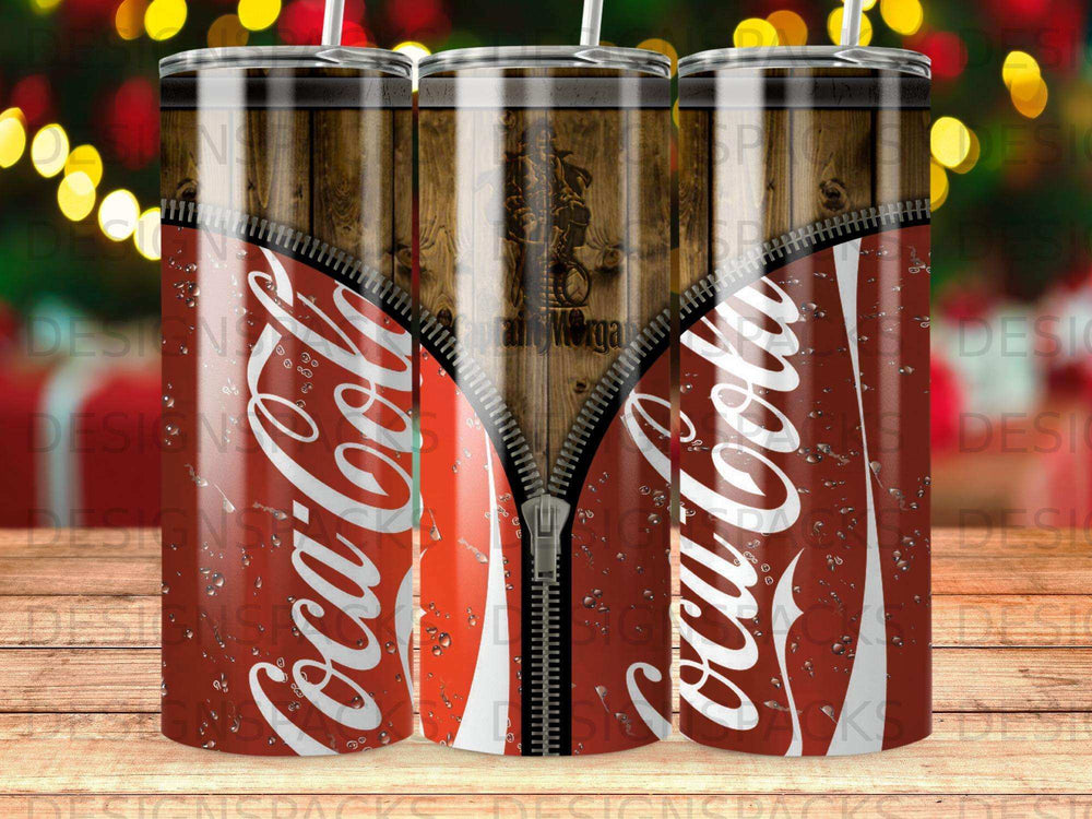 Coca-Cola tumbler with a wood grain zipper and water droplets.