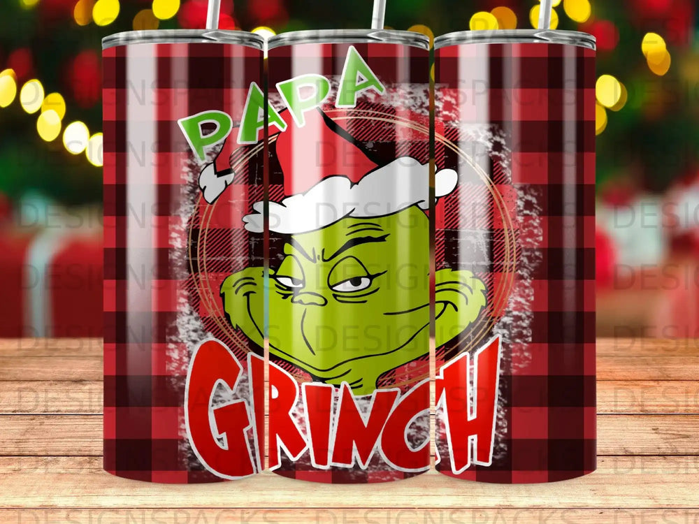Grinch wearing Santa hat, "Papa Grinch" text, on a buffalo plaid tumbler.