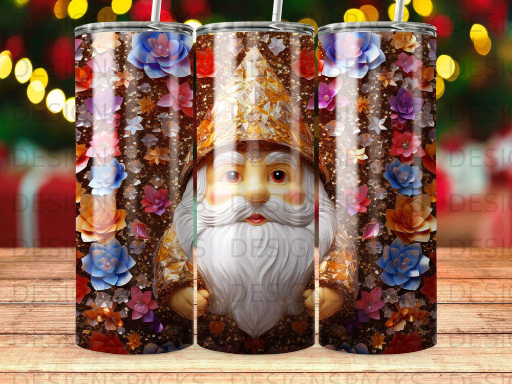Gnome wearing a sparkly hat and suit with colorful flowers.