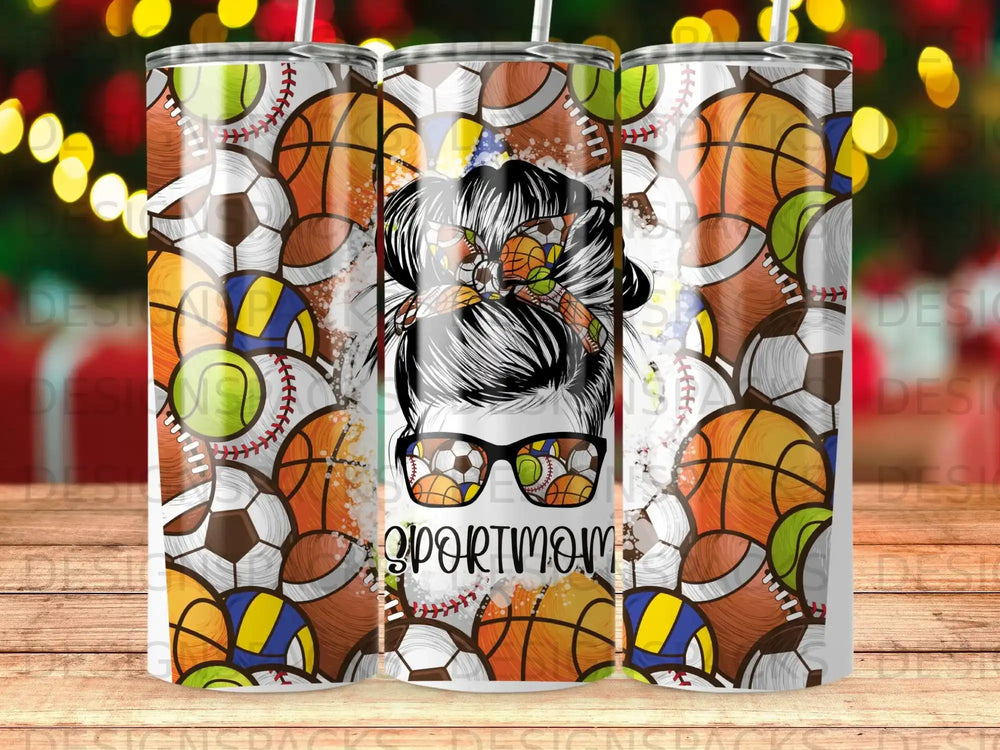 Tumbler with a collage of sports balls and a woman with messy bun and "sport mom" sunglasses.