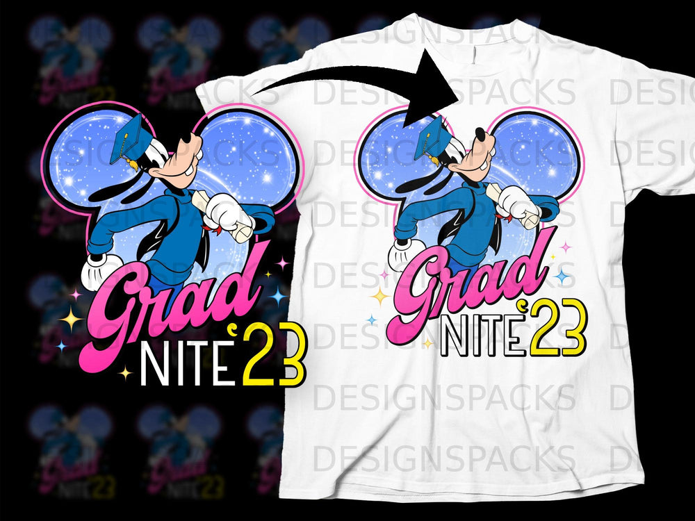 Goofy in graduation cap and gown with "Grad Nite 23" text.