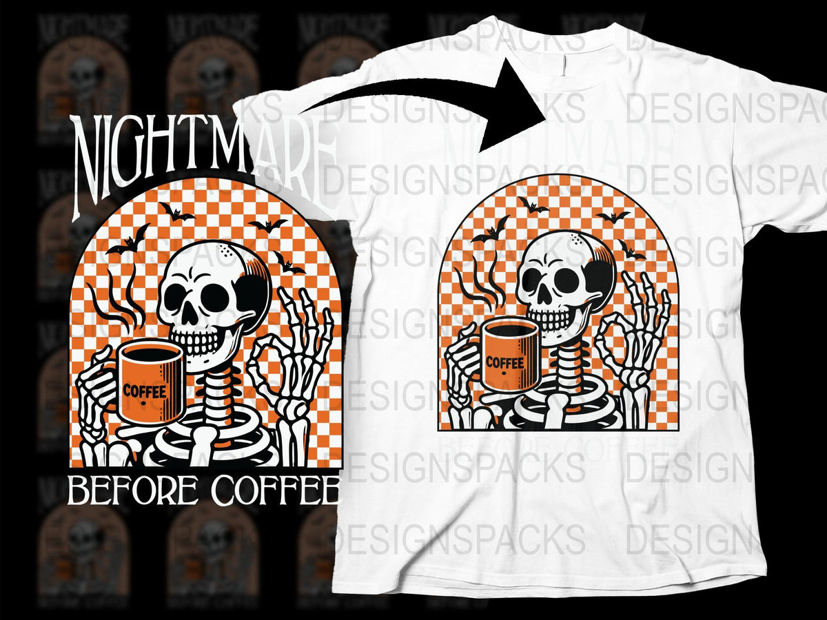 Nightmare Before Coffee T-Shirt, Skeleton Drinking Coffee, Gothic Tee, Humorous Graphic Shirt, Unisex Cotton Shirt