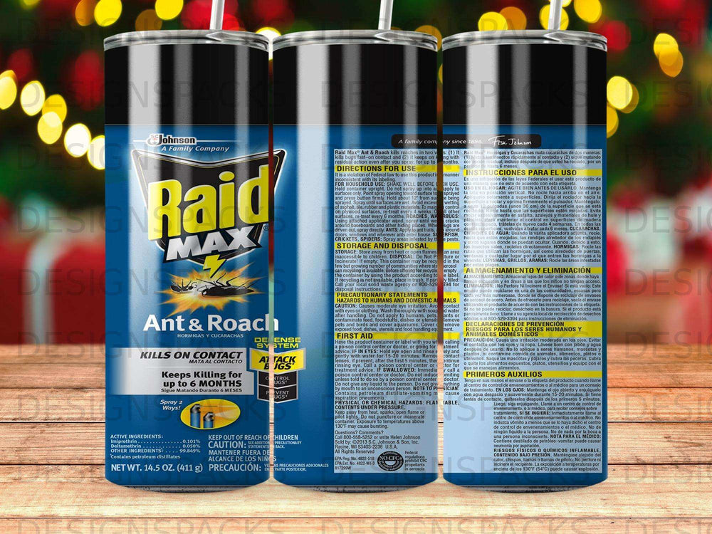 Raid Max Ant & Roach spray can with instructions and ingredients.