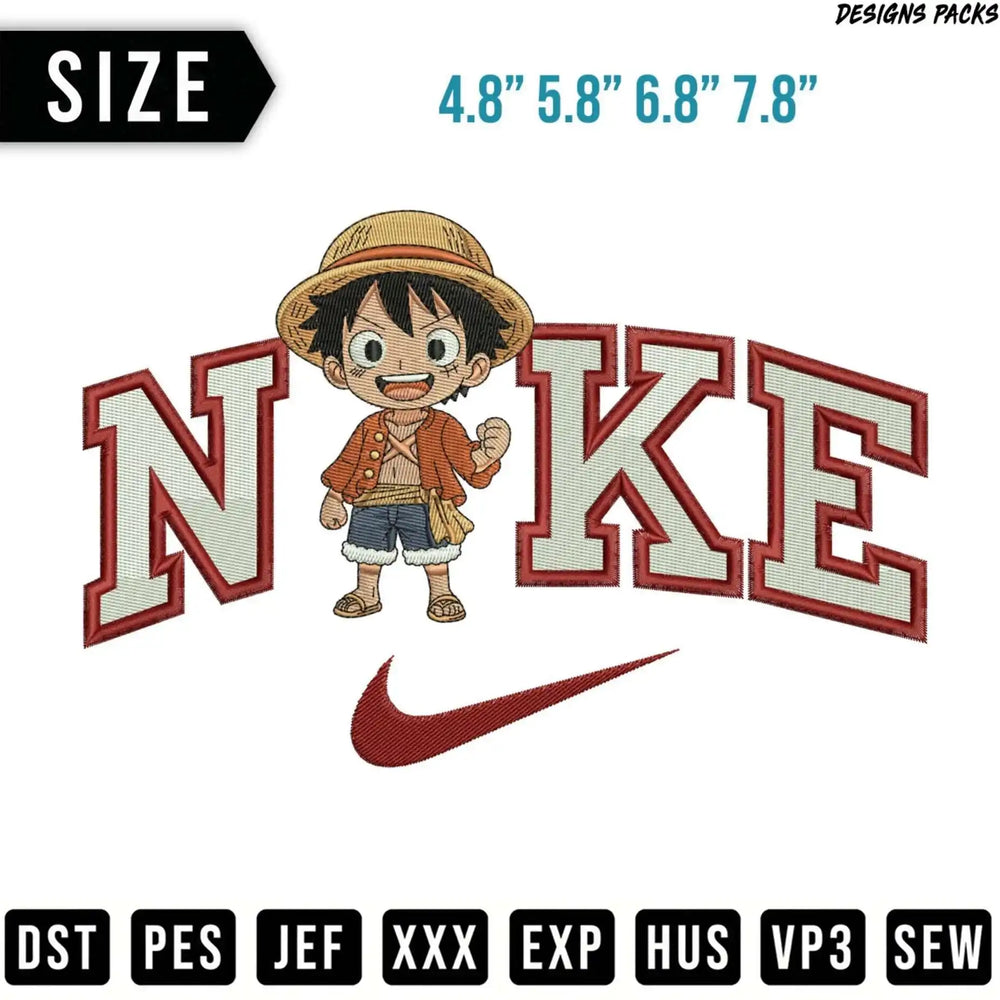 Monkey D. Luffy wearing a Nike shirt, embroidered design with size options.