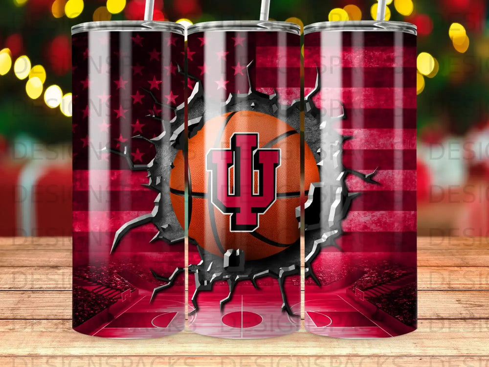 Indiana University basketball tumbler with distressed US flag and basketball hoop.