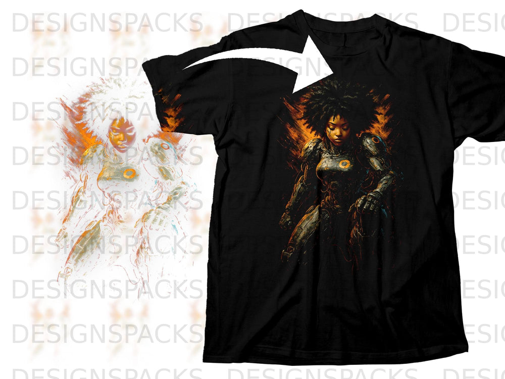 Black t-shirt featuring a digital illustration of a warrior woman with afro hair.