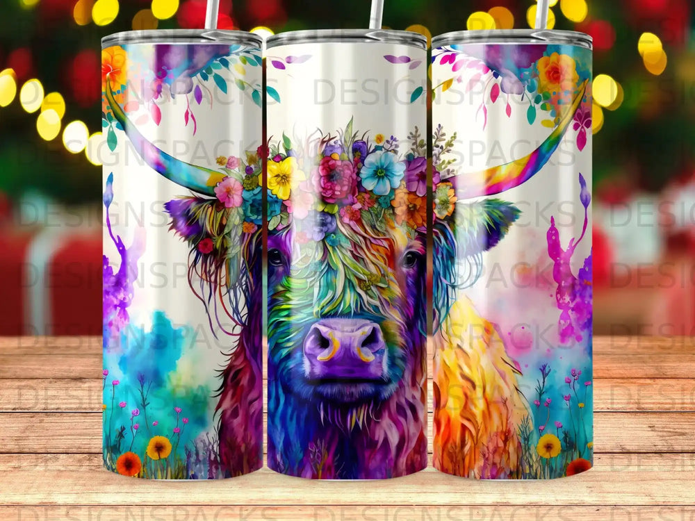 Colorful Highland cow with floral crown, surrounded by vibrant flowers.