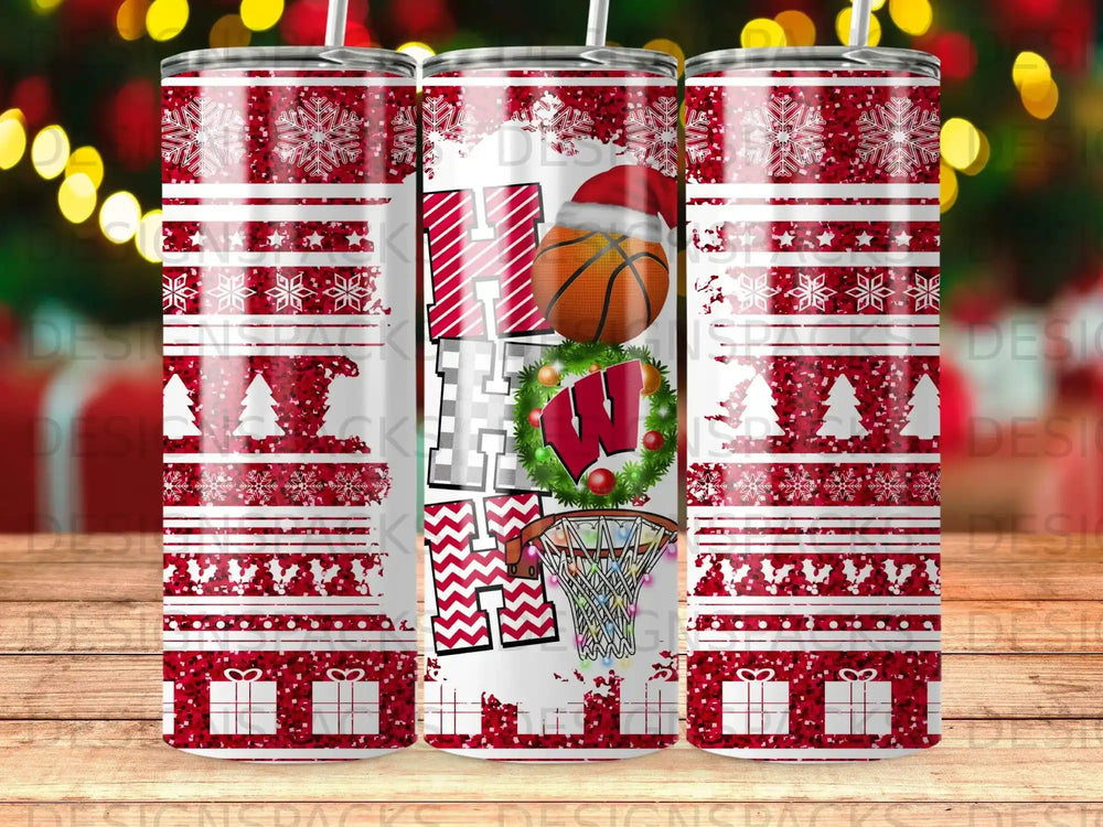 Christmas tumbler with a basketball player wearing a Wisconsin Badgers jersey.