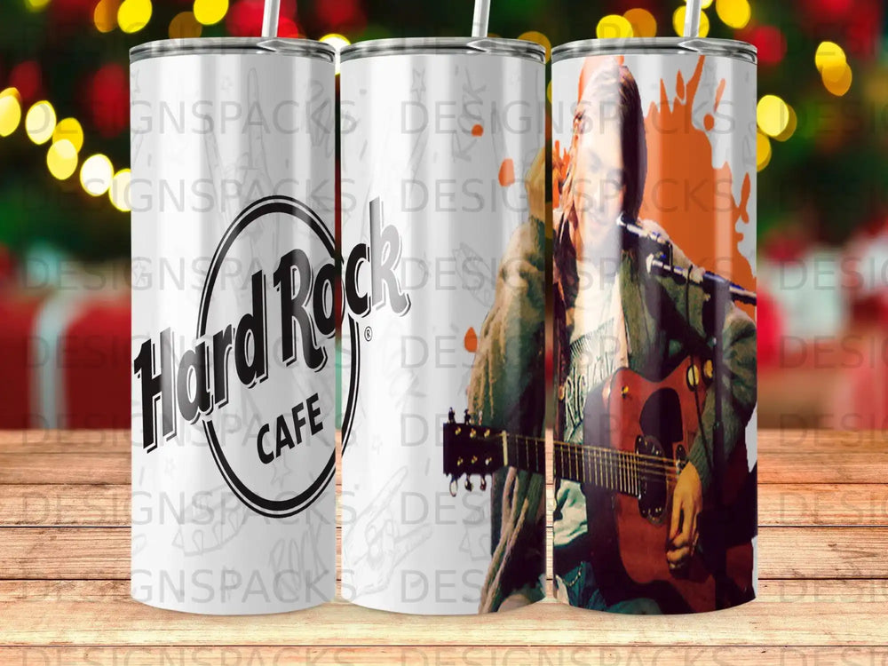 Hard Rock Cafe tumbler with Jimi Hendrix playing guitar.