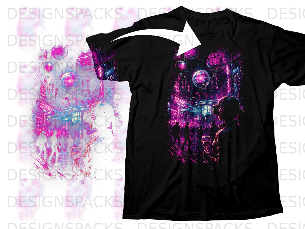 Black t-shirt with a cyberpunk cityscape and figures design featuring pink and blue neon lights.