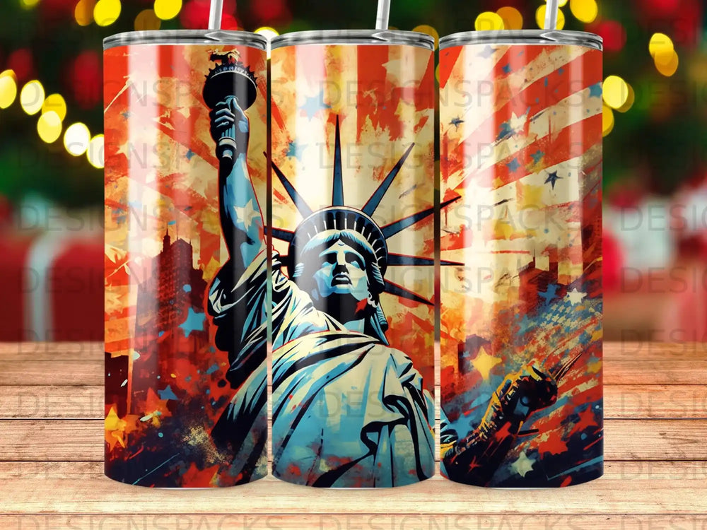 Statue of Liberty in front of a distressed American flag and fireworks.