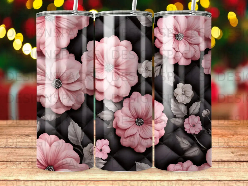 Pink floral pattern on quilted black background tumbler.