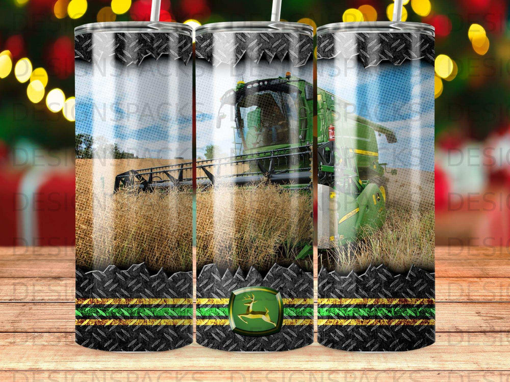 Green tractor harvesting in a field with John Deere logo and metal border.