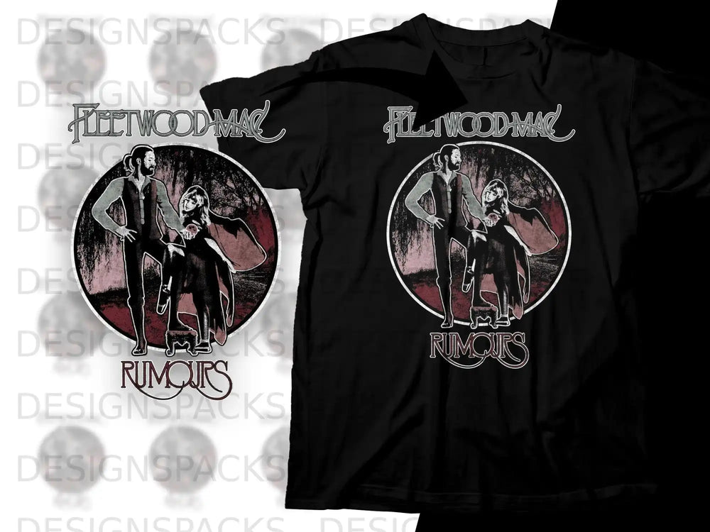 Black t-shirt with Fleetwood Mac Rumours album art featuring two figures.