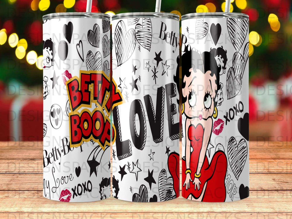 Betty Boop and "Love" design on three tumblers with hearts and XOXO.