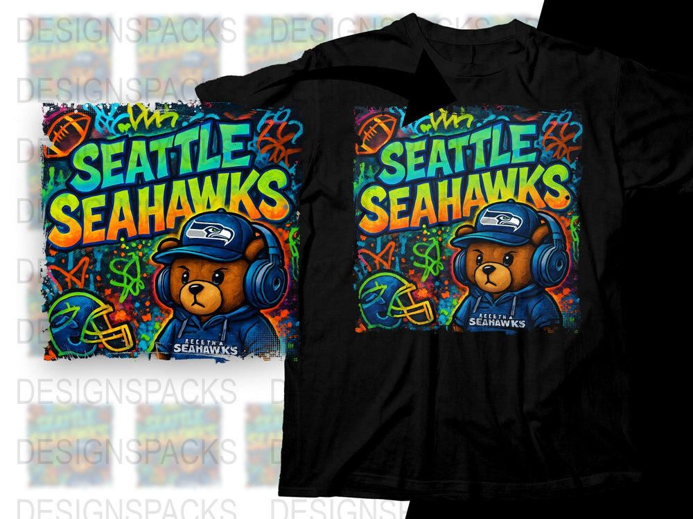 Seattle Seahawks T-Shirt, Colorful Bear Graphic, Football Fan Apparel, Urban Streetwear Style
