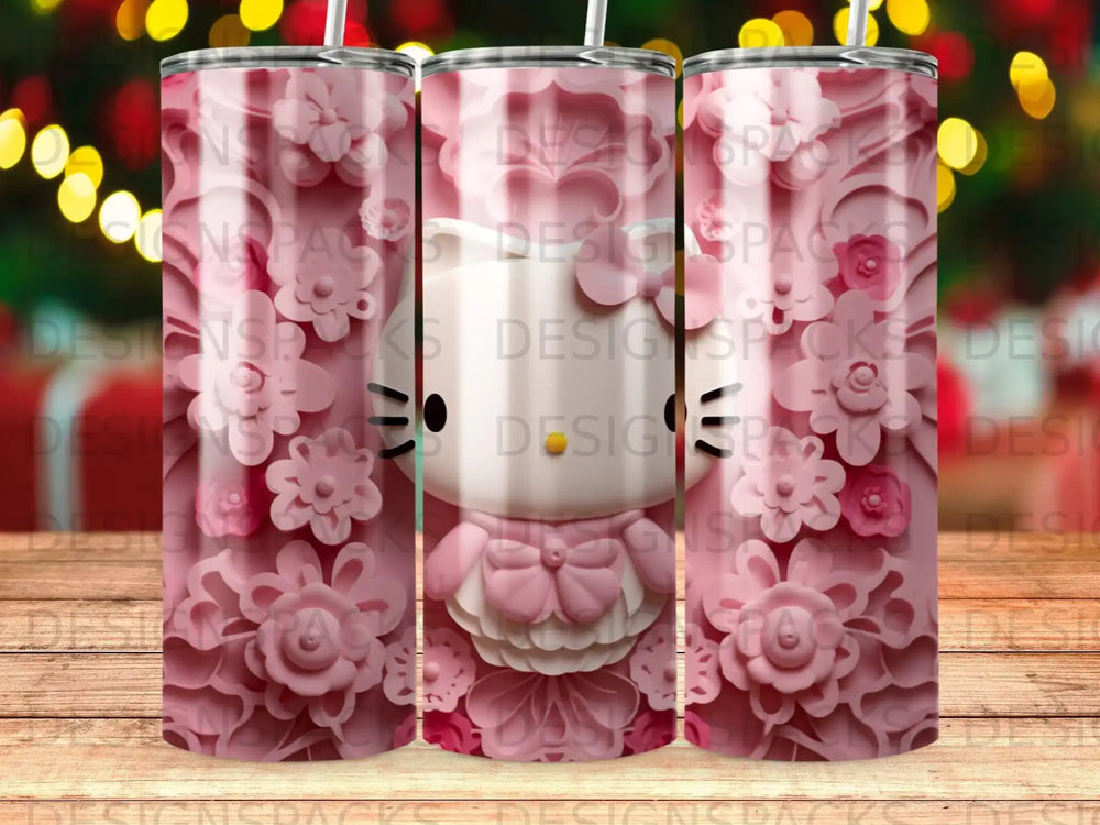 3D pink Hello Kitty tumbler with floral patterns.