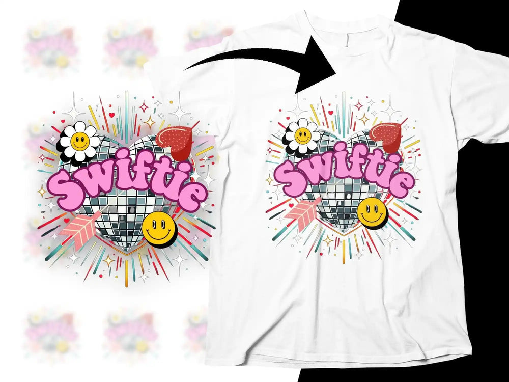 Swiftie t-shirt design with disco ball, smiley faces, and colorful graphics for DTF/DTG printing