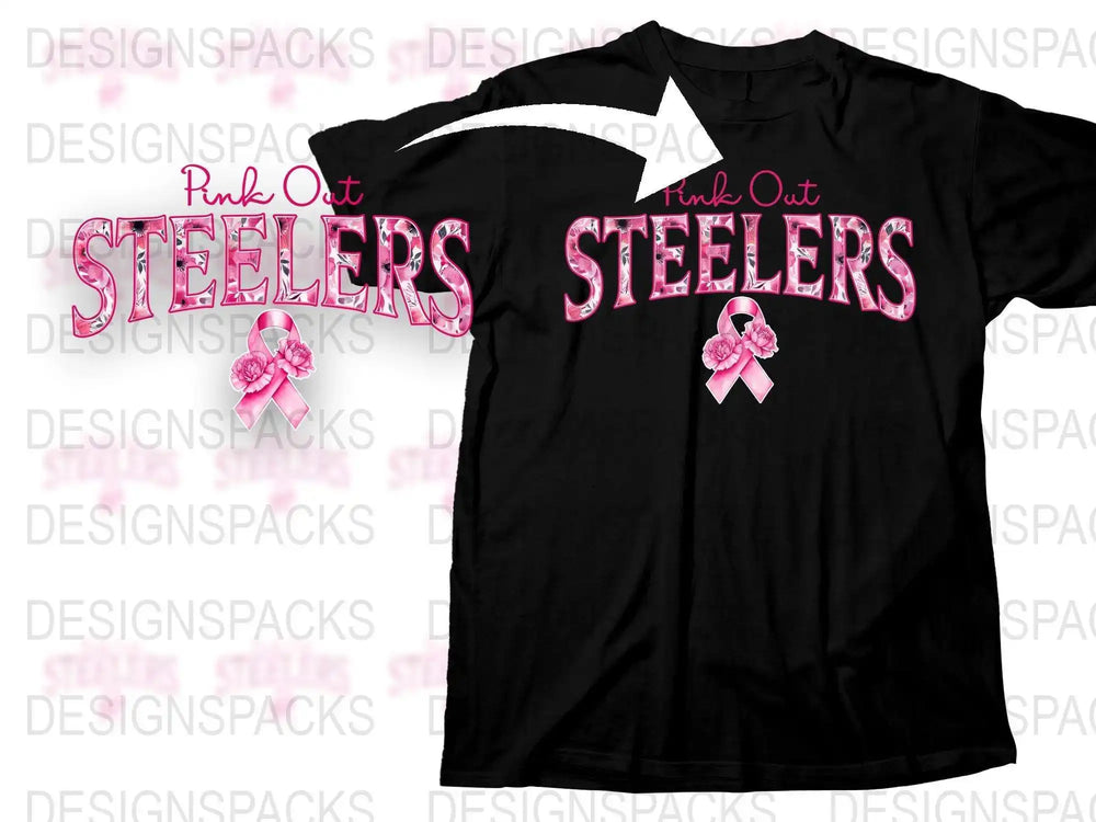 Pink Out Steelers T-Shirt with Breast Cancer Awareness Ribbon, Black Cotton Tee, Sports Fan Apparel