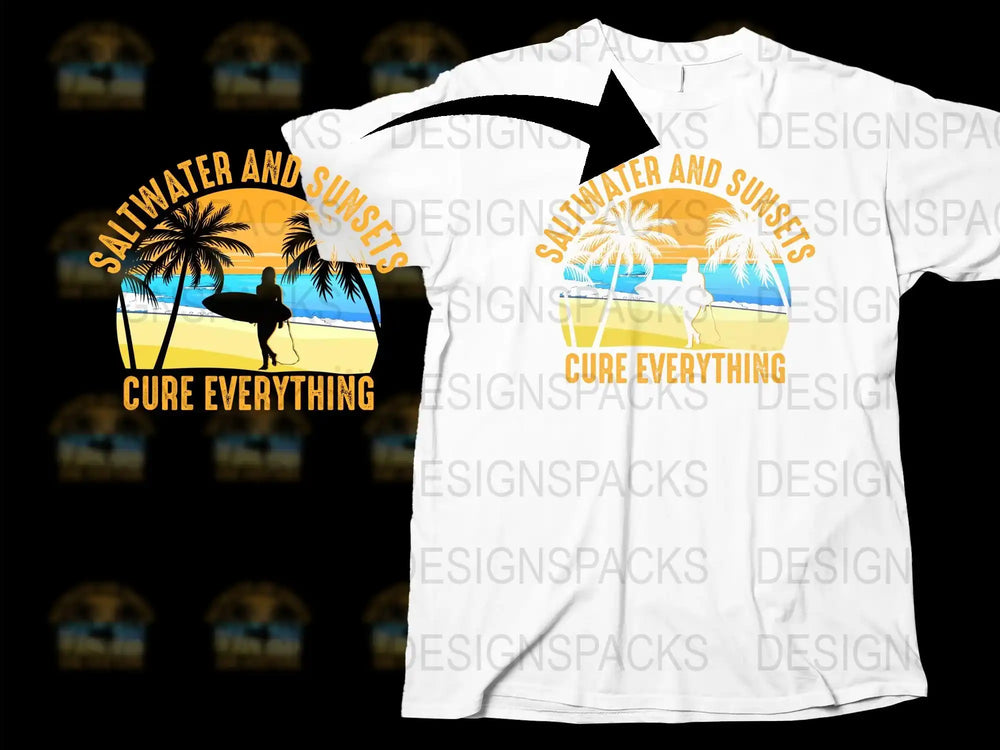 Saltwater and Sunsets Cure Everything T-Shirt, Tropical Beach Graphic Tee, Summer Vacation Top, Unisex Casual Wear