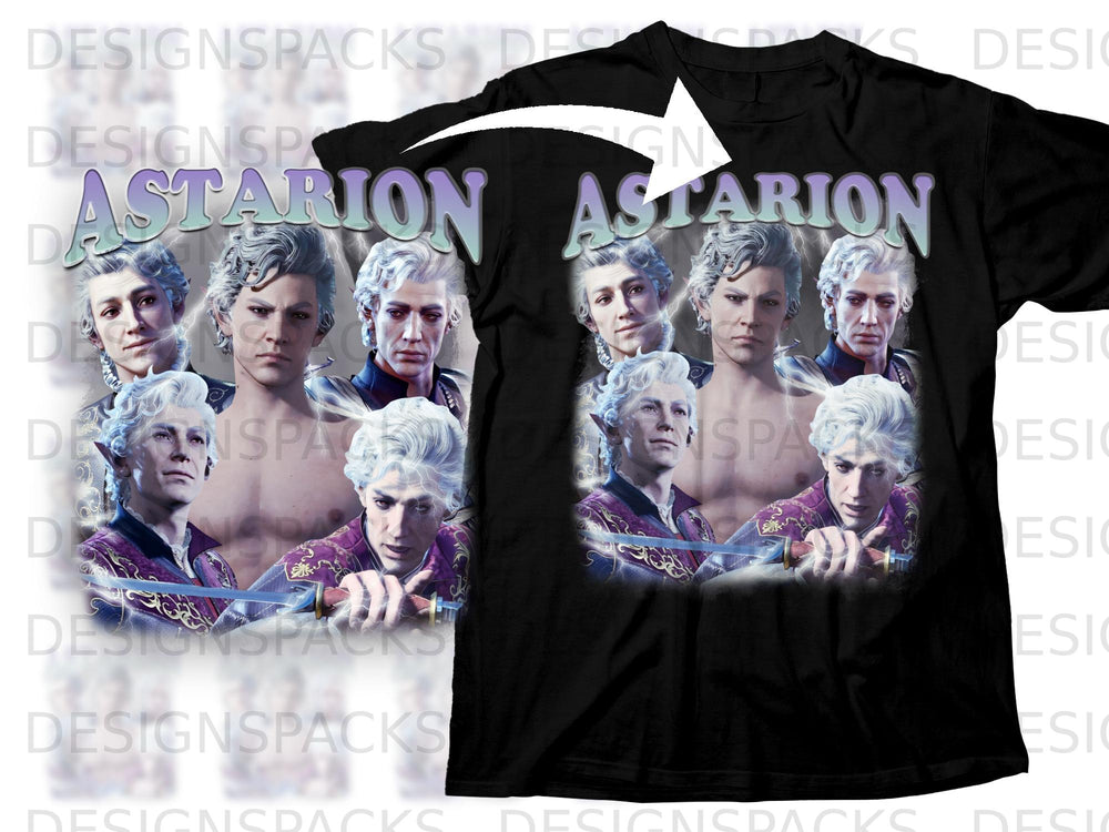 Black t-shirt featuring the name Astarion above four portraits of the character.