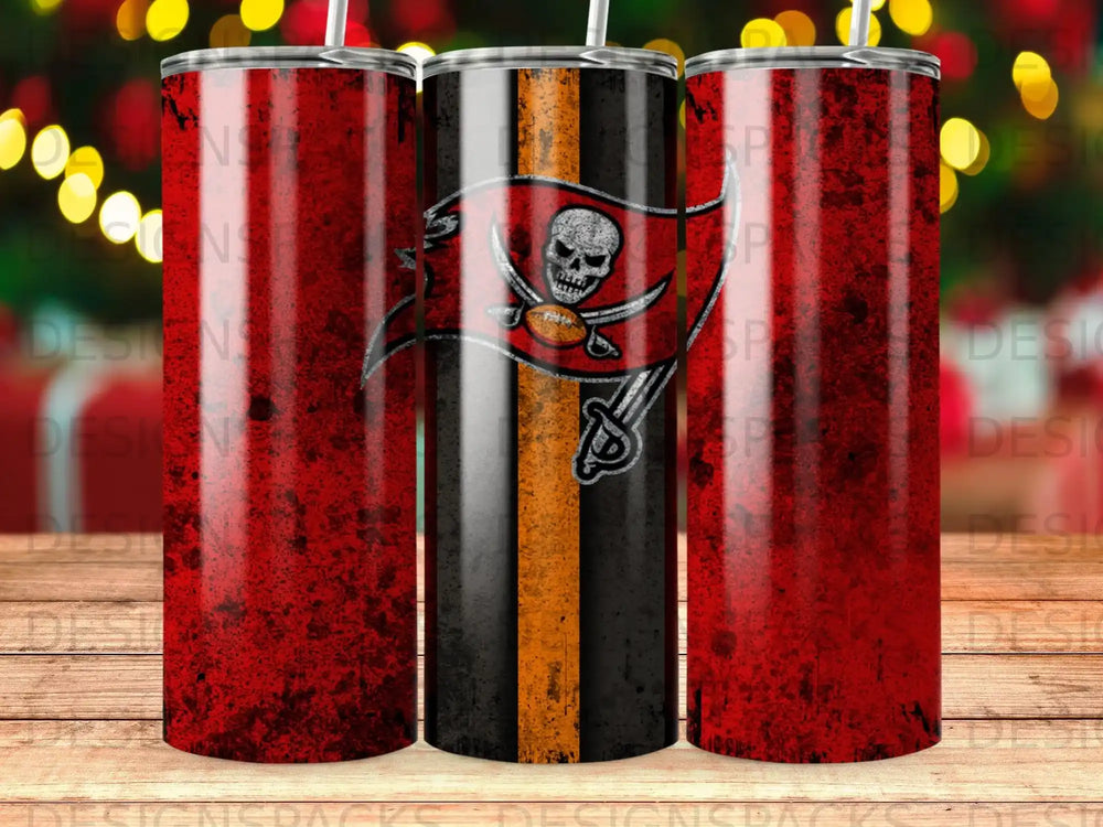 Tampa Bay Buccaneers logo on a distressed red and black tumbler.