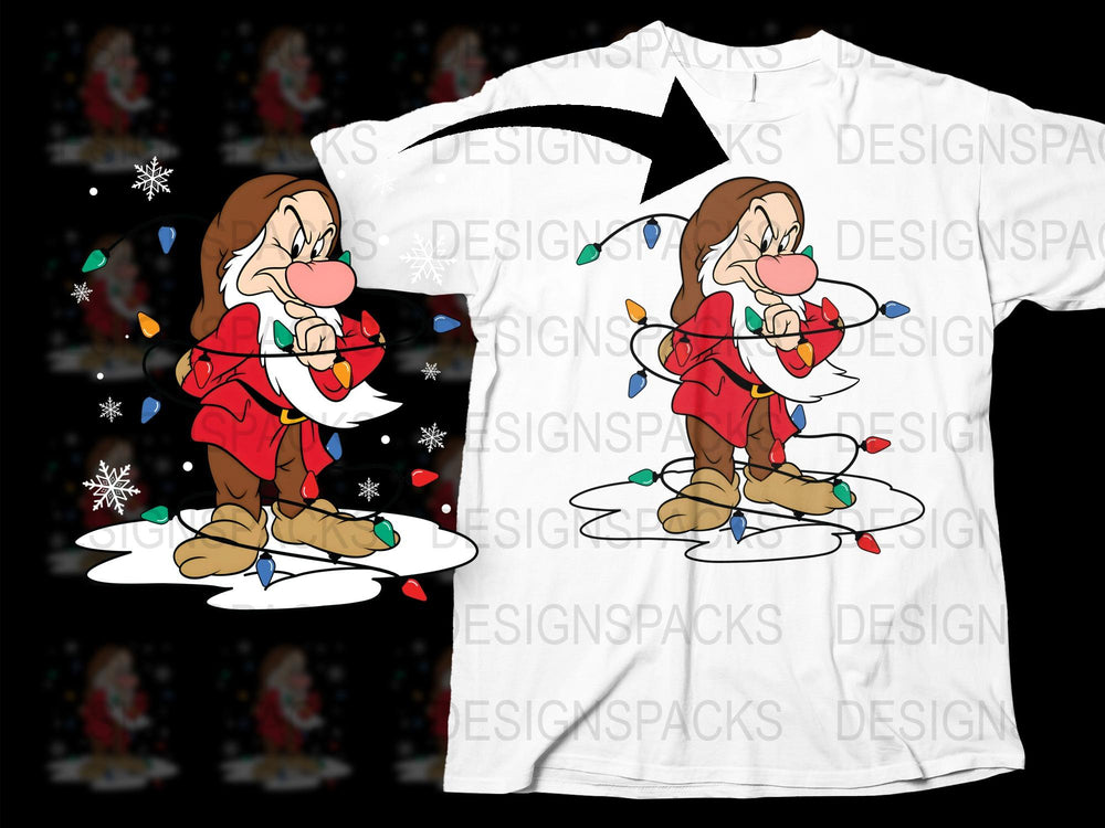 Festive Christmas Elf T-Shirt, Cartoon Dwarf with Lights, Holiday Apparel, Snowflakes Background, Unisex White Tee for All Ages