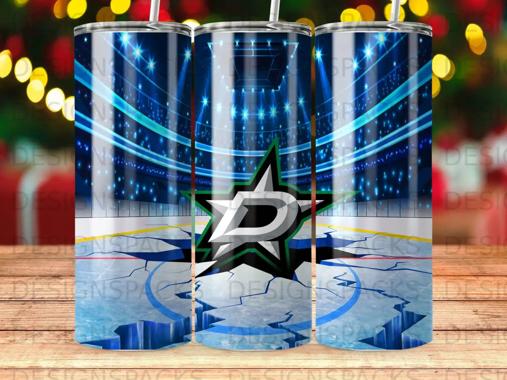 Dallas Stars logo on a cracked hockey rink, stadium lights.