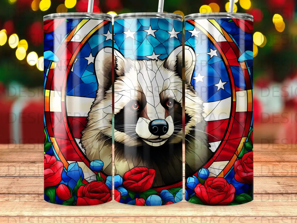 Stained glass raccoon with American flag and floral border.