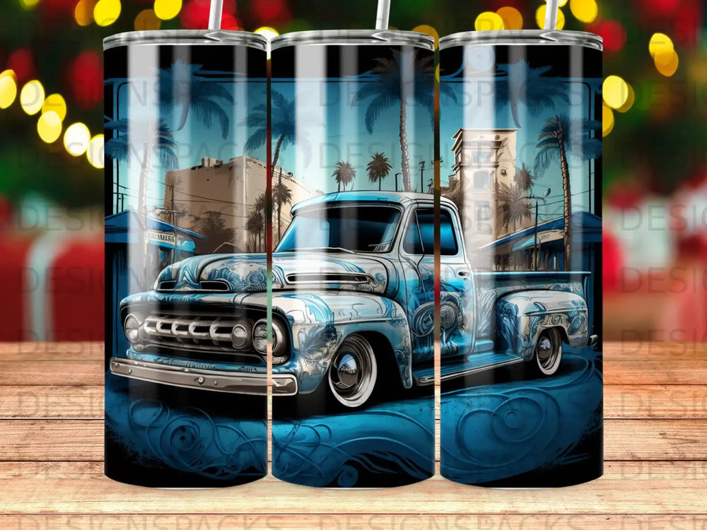 Blue vintage pickup truck with palm trees and buildings in background.