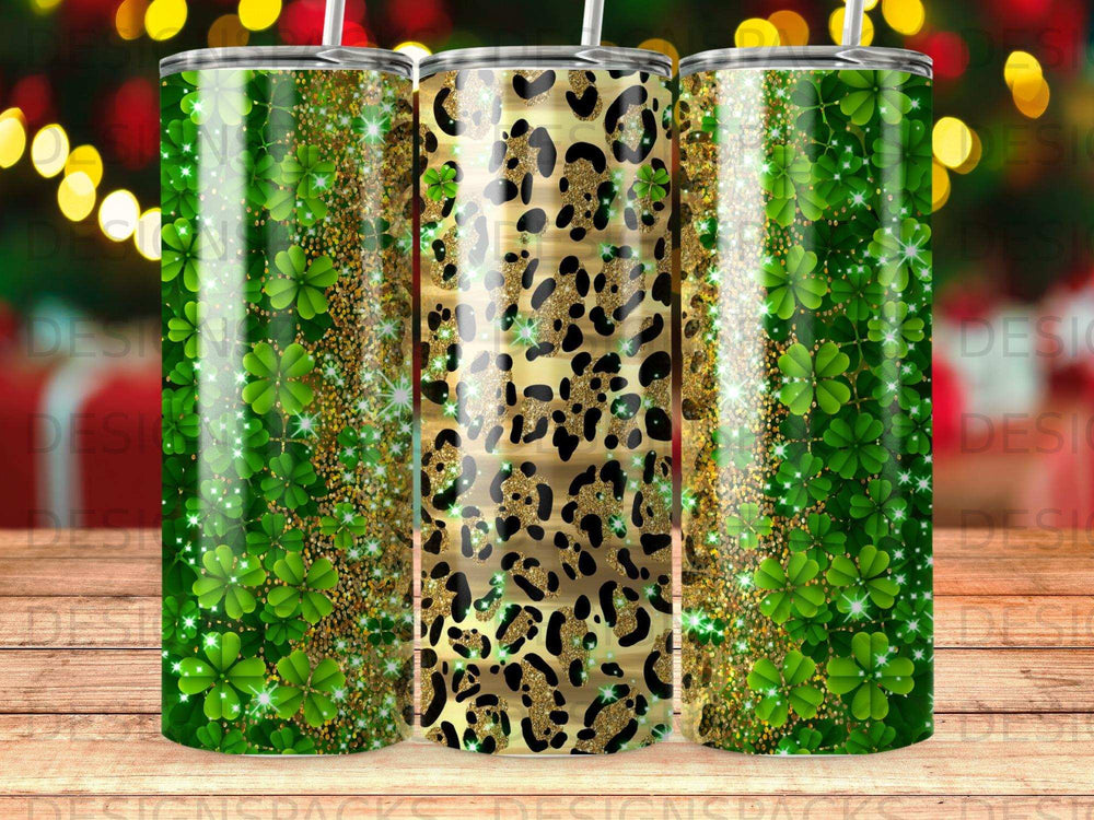 Green sparkly shamrock tumbler with leopard print.