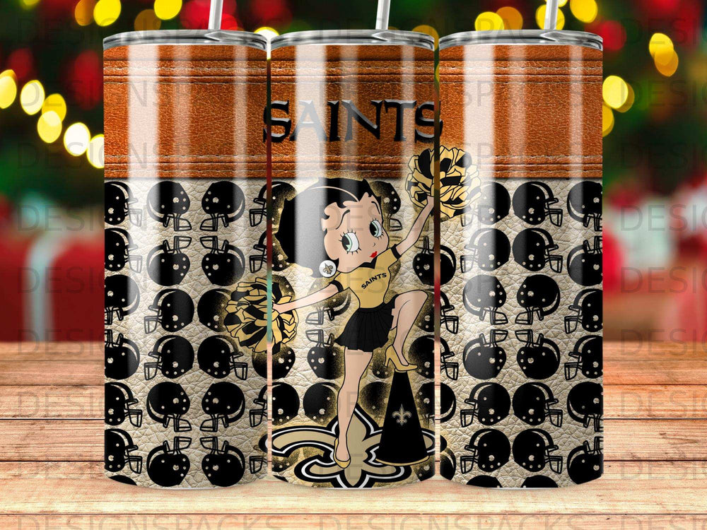 Betty Boop in Saints uniform with football helmets and logo pattern.