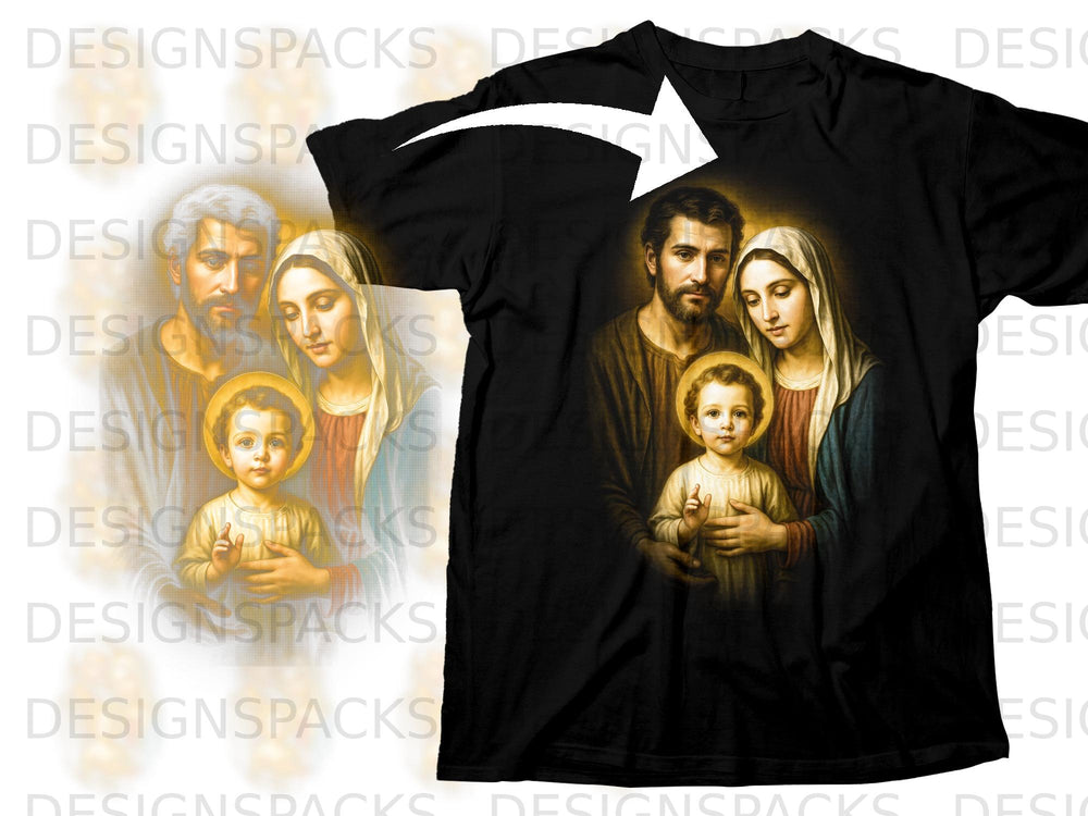 Black t-shirt with a religious depiction of the Holy Family.