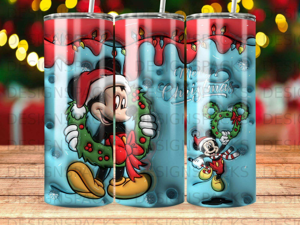 Mickey Mouse in Santa hat holding wreath with "Christmas" text.