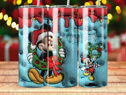 Mickey Mouse in Santa hat holding wreath with 